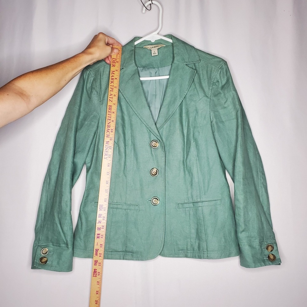 LL Bean Linen Blazer Womens Petite 8P Green Button Collar Pocket Lined Coastal - Picture 4 of 8